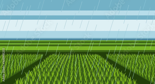 Illustrative depiction of a verdant rice field under a gentle rain shower atmosphere with cool colors and serene ambiance
