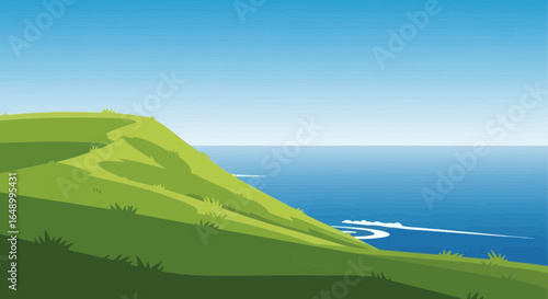 Idyllic Coastal Scene With Green Hillside And Calm Blue Ocean Scenery