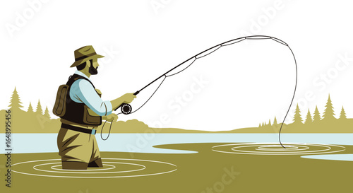 Illustrative Man Fly Fishing In River Surrounded By Pine Tree Forest