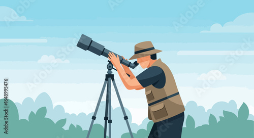Illustrative Man Observing Nature Through A Telescope Under Cloudy Sky