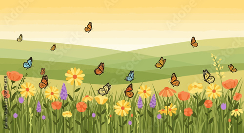 Idyllic Spring Meadow Butterflies Fluttering Among Colorful Blooms In A Serene Landscape