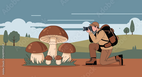 Illustrative scene depicting a photographer capturing images of wild mushrooms in a natural setting creating a whimsical and nature-inspired composition