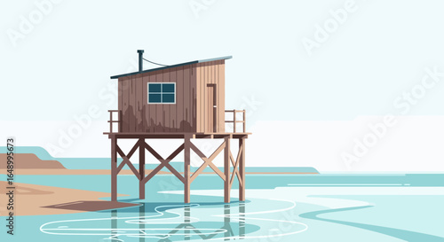 Idyllic water landscape featuring a charming wooden stilt house on the coast