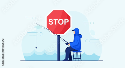 Ignorance Of Regulations Depicts Someone Fishing Beside A Stop Sign