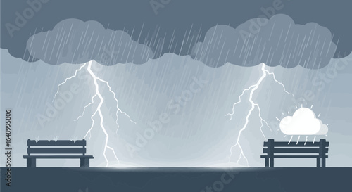 Illustrative Scene With Lightning Storm Striking During Heavy Rainfall Season
