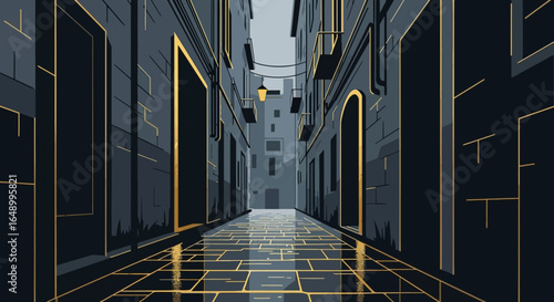 Illuminated Urban Passageway With Reflective Pavement After Rain Illustration