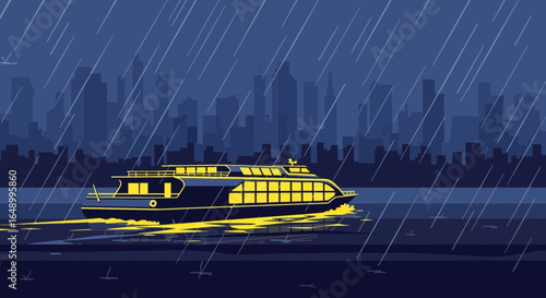 Illuminated Vessel Navigating Waterscape Amidst Evening Rainfall City Backdrop