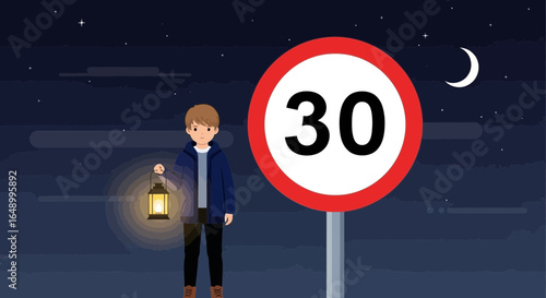 Illuminating Safe Routes Boy with Lantern Standing Next to Traffic Sign
