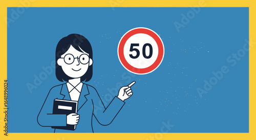 Illustrated Instructor Presenting a 50 Speed Limit Sign for Driver Education