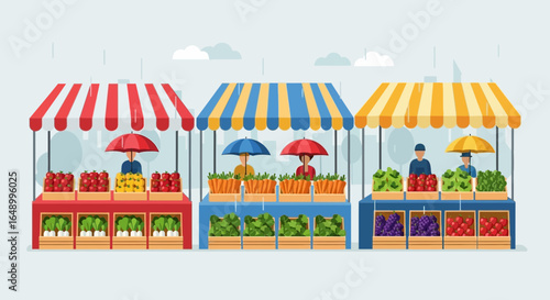 Illustrative vibrant farmers market with vendors under umbrellas in the rain background