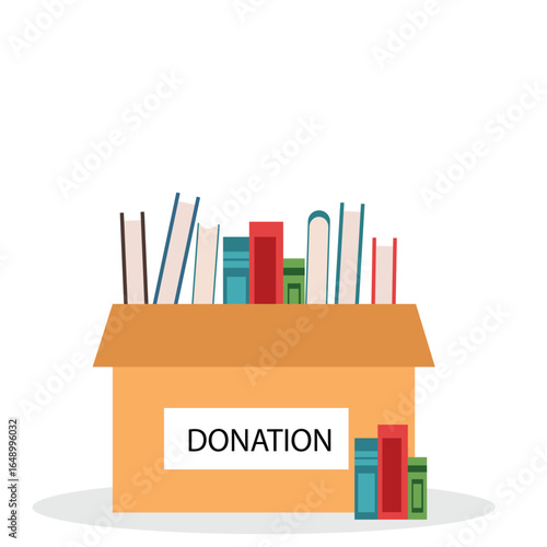 Donation box with full of books. cardboard box with books for donation international book giving day vector illustration