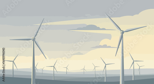 Illustrative wind farm landscape with sustainable energy generators in a cloudy sky minimalistic drawing with alternative power solution