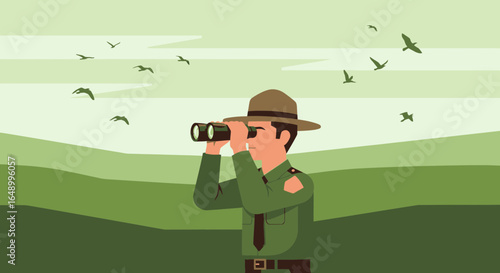 Illustrated park ranger observing birds through binoculars in a green landscape outdoors illustration perfect for natural scenery