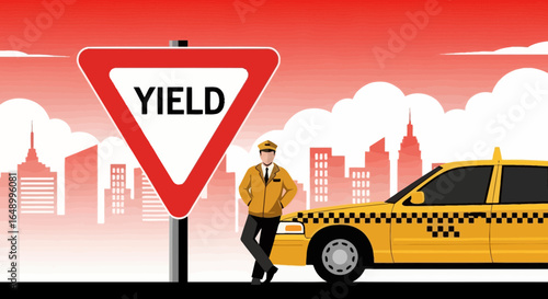Illustrative Yellow Cab Standing By Yield Road Sign New York Scene
