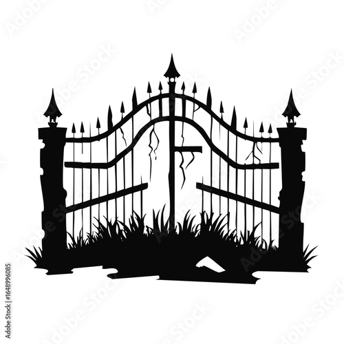 Haunted gothic gate with sharp spiked fence, spooky Halloween silhouette.