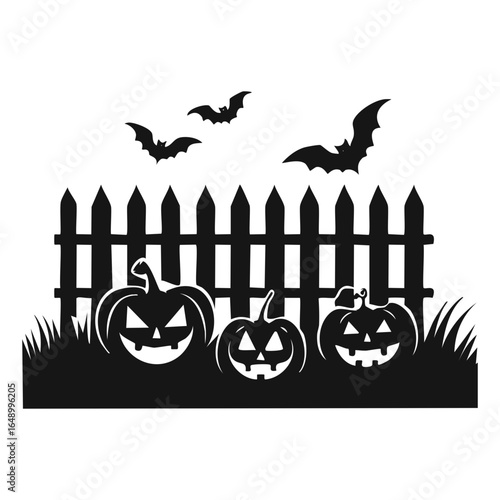 Spooky Halloween fence with flying bats and grinning jack-o-lanterns.
