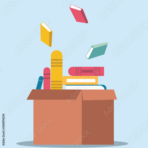 Donation box with full of books. cardboard box with books for donation international book giving day vector illustration