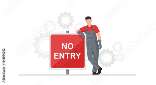 Industrial Restriction Alert Man Worker Leaning On No Entry Sign Illustration