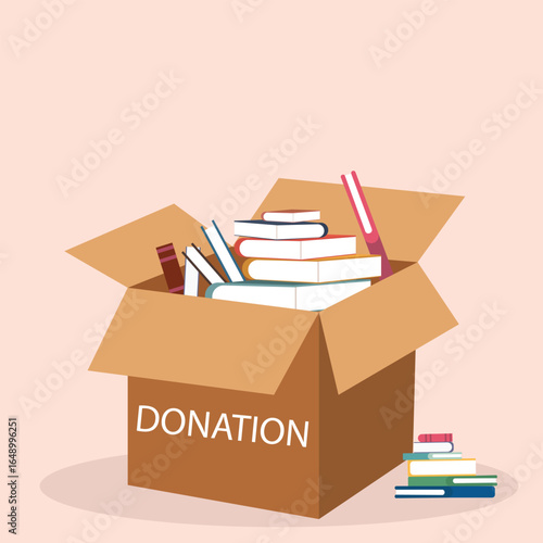 Donation box with full of books. cardboard box with books for donation international book giving day vector illustration