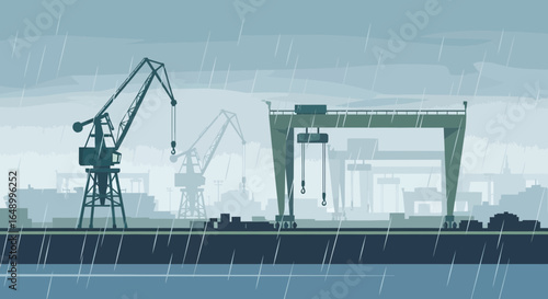 Industrial Landscape Featuring Harbor Cranes During A Rainy Day Flat Design