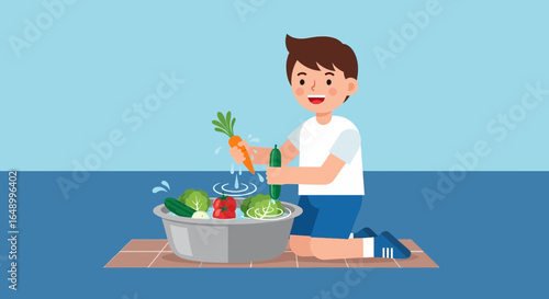 Illustration of a boy washing fresh vegetables in a bowl healthy eating habits for children concept