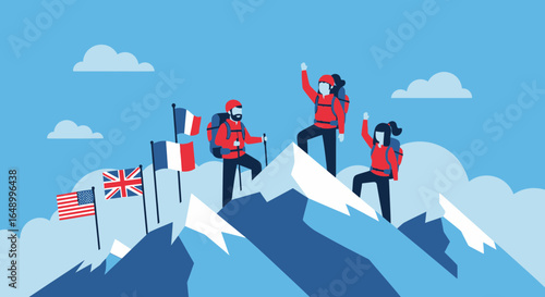 International Climbers Reaching the Summit Celebrate With National Flags Vector Illustration