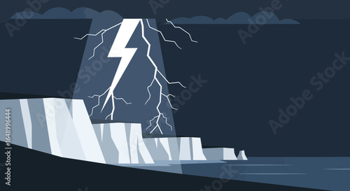 Intense Lightning Storm Over Icy Cliffs Creating Dramatic Atmospheric Scene