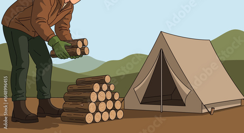 Illustration of a camper stacking firewood near a tent in a natural setting landscape background image design outdoor adventure