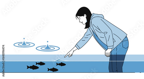 Intrigued Woman Reaching To The Water Watching Silhouetted Fishes And Waterdrops