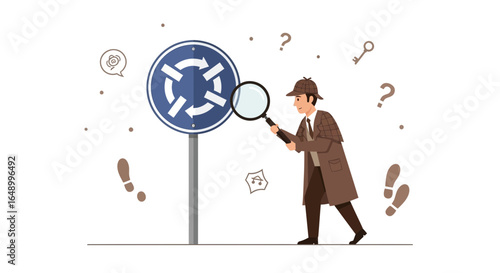 Investigating Traffic Direction, Detective Examining Directional Arrows With Magnifying Glass