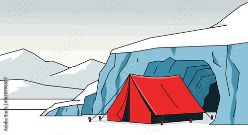 Isolated Camping Adventure Red Tent Beneath Ice Mountains Scene