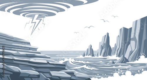 Illustration of a coastal landscape with stormy weather and dramatic cliffs illustration