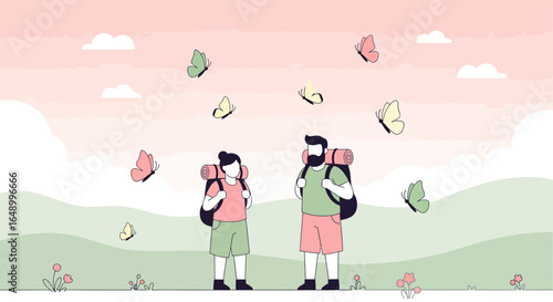 Illustration of a couple trekking through a field of butterflies, enjoying nature