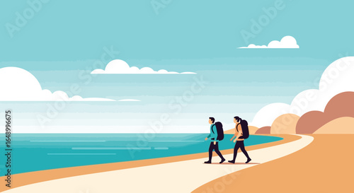 Illustration of a couple hiking along a coastal path, enjoying the beautiful scenery and fresh air on their outdoor adventure