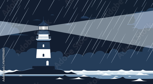 Isolated Lighthouse Beaming Through a Stormy Rain Night Seascape Illustration