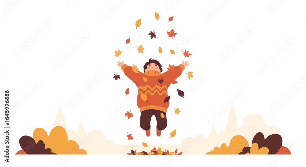 Naklejka premium Joyful Autumn Scene Featuring a Child Playing With Falling Leaves