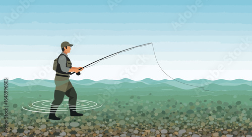 Illustration of a fisherman casting a line in the water on a bright day fishing hobby