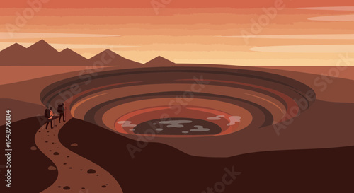 Journey To The Mysterious Deep Crater At Sunset With Hiking Couple Adventure