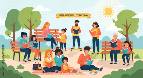 Celebrating International Literacy Day with a Diverse Group of People Reading in a Park
