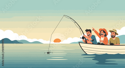Joyful Anglers Enjoying Leisurely Fishing Trip At Sunset On Serene Waters
