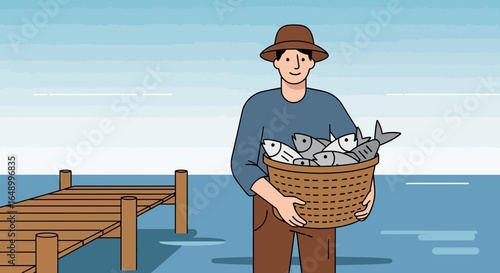 Illustration of a fisherman holding a basket full of fish near a wooden pier against the calm sea background