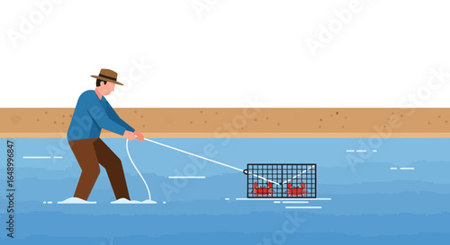 Illustration of a fisherman pulling a crab trap from the water with two crabs inside showing the process of crabbing near the coast