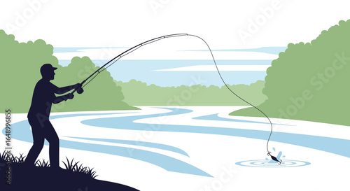 Illustration of a fisherman catching fish in a river surrounded by trees and vegetation during the daytime