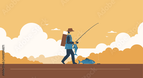 Illustration of a fisherman walking with caught fish on a cloudy background during sunset creating a peaceful and serene scene