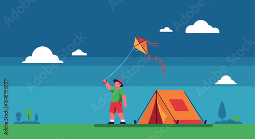 Joyful Boy Flying Kite At Campsite Enjoying Leisure Time Activity Outdoors