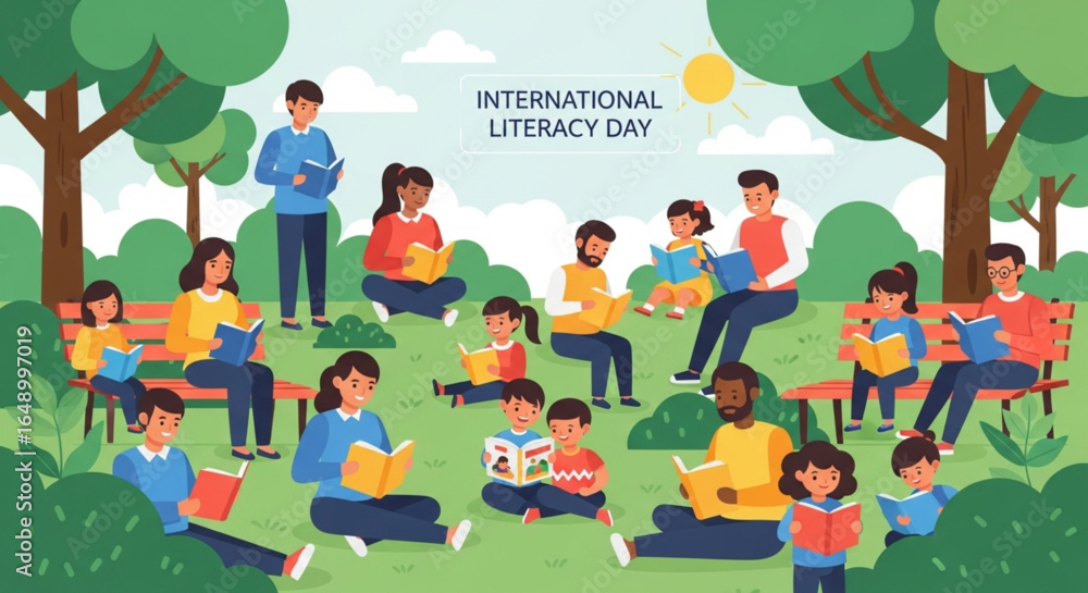 Obraz premium Diverse Community Engages in Reading Together Outdoors, Celebrating Literacy and Lifelong Learning