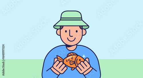 Joyful Catch Fisherman Holds Shiny Goldfish After Successful Angling Trip