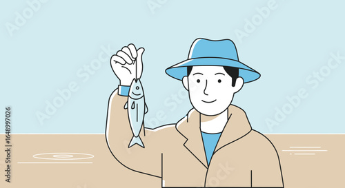 Illustration of a happy fisherman holding a freshly caught fish with a joyful expression