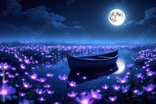 Moonlight night scene with glowing flowers and a tranquil boat.