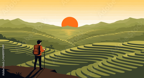 Illustration of a hiker enjoying the sunrise view of rice terraces landscape